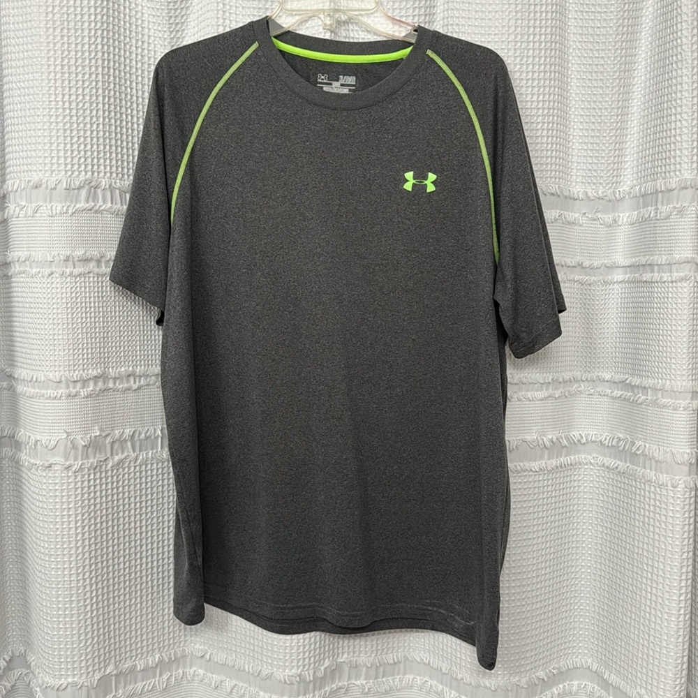 Gray and neon green, dri fit under armour T-shirt